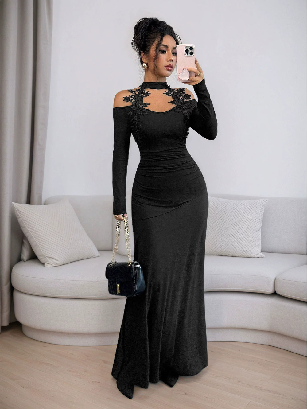 ZARA Black Lace Bodycon Long Sleeve Dress Spring Summer
